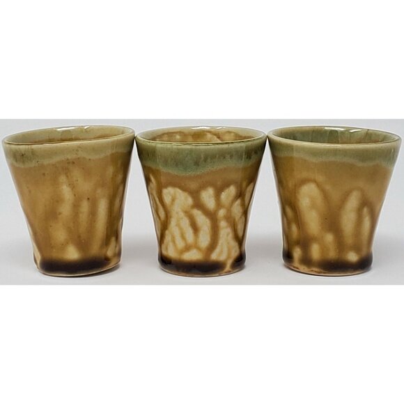 Drip Glaze Ceramic Shot Glasses Set of 3 Gold Yellow Japan 1.75" tall Vintage - Picture 5 of 7